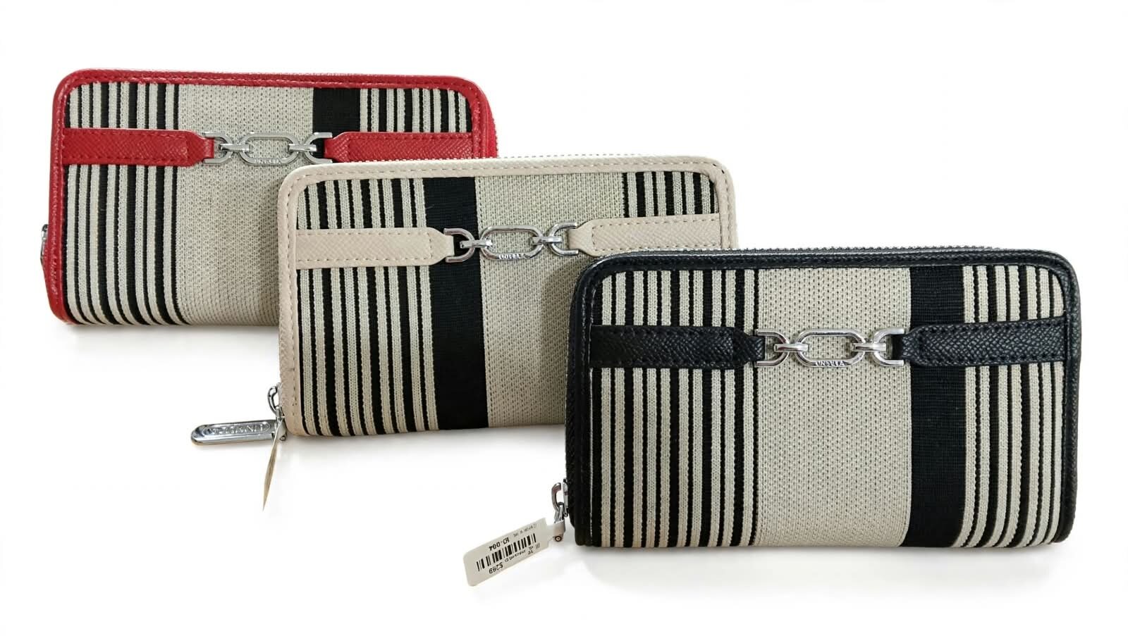 CARTERA DE TELA CON FRANJAS Y CIERRE, UNIBELLA, COLOR NEGRO, BEIGE O ROJO