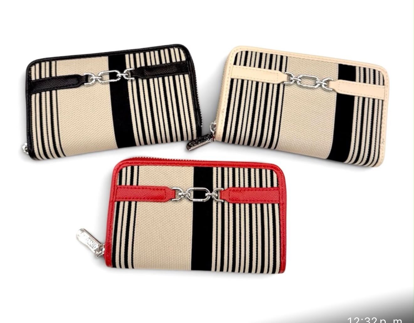 CARTERA DE TELA CON FRANJAS Y CIERRE, UNIBELLA, COLOR NEGRO, BEIGE O ROJO