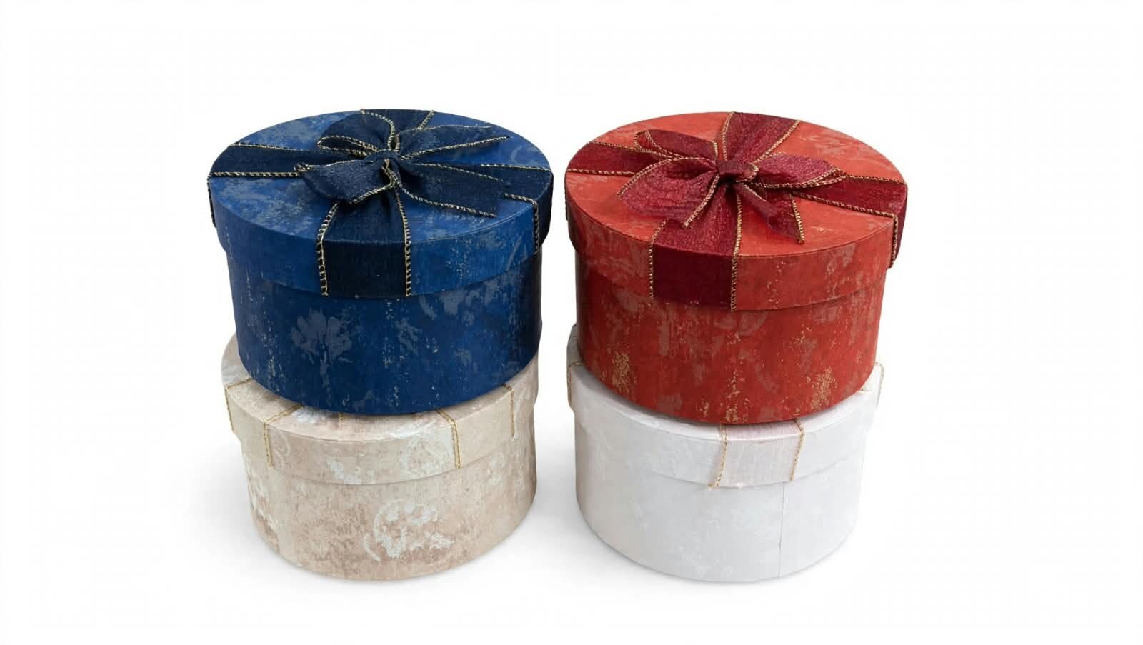 CAJA DE REGALO REDONDA MEDIANA, AZUL, ROJA, ROSA O BEIGE MOTEADA