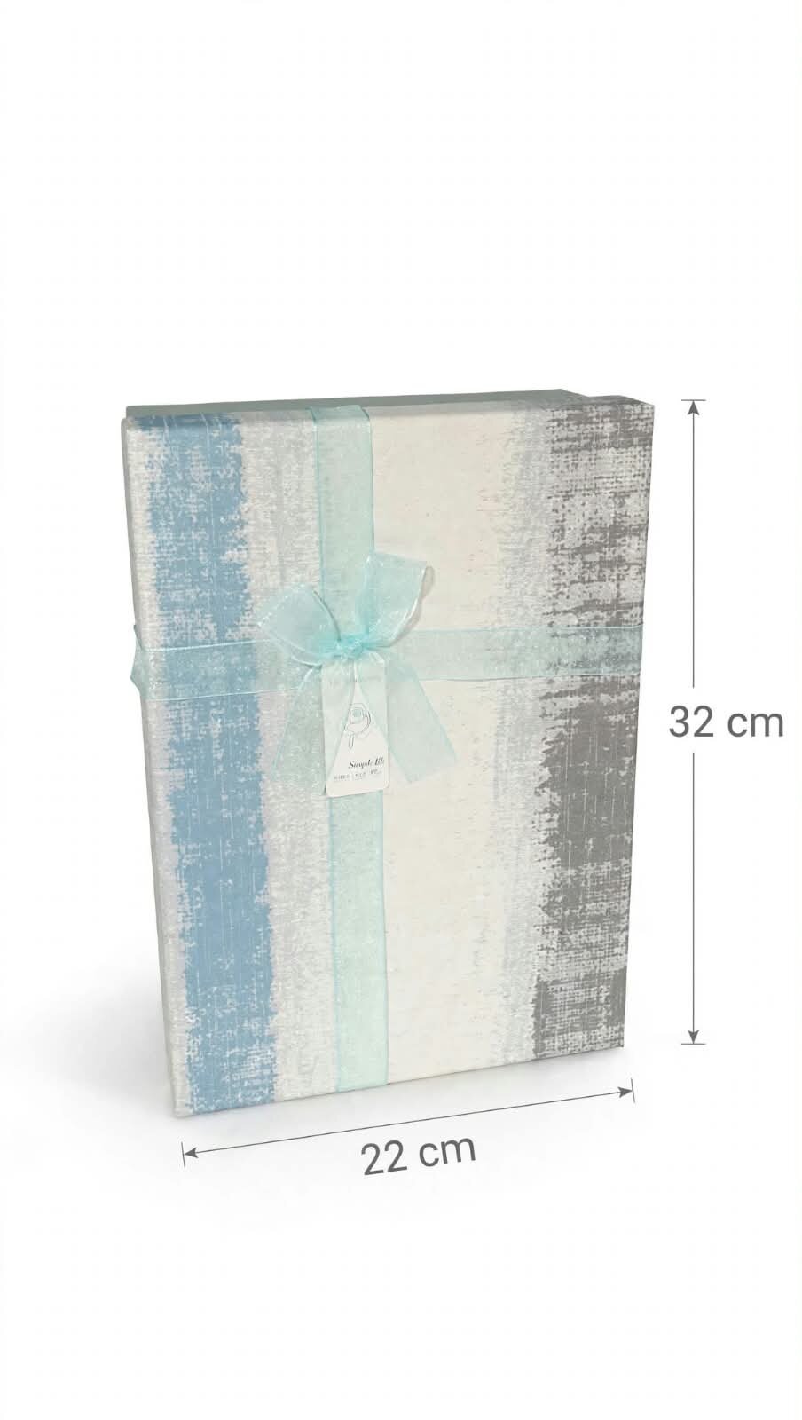 CAJA DE REGALO RECTANGULAR GRANDE, ESTAMPADO AZUL, GRIS Y BLANCO CON MOÑO DE TUL