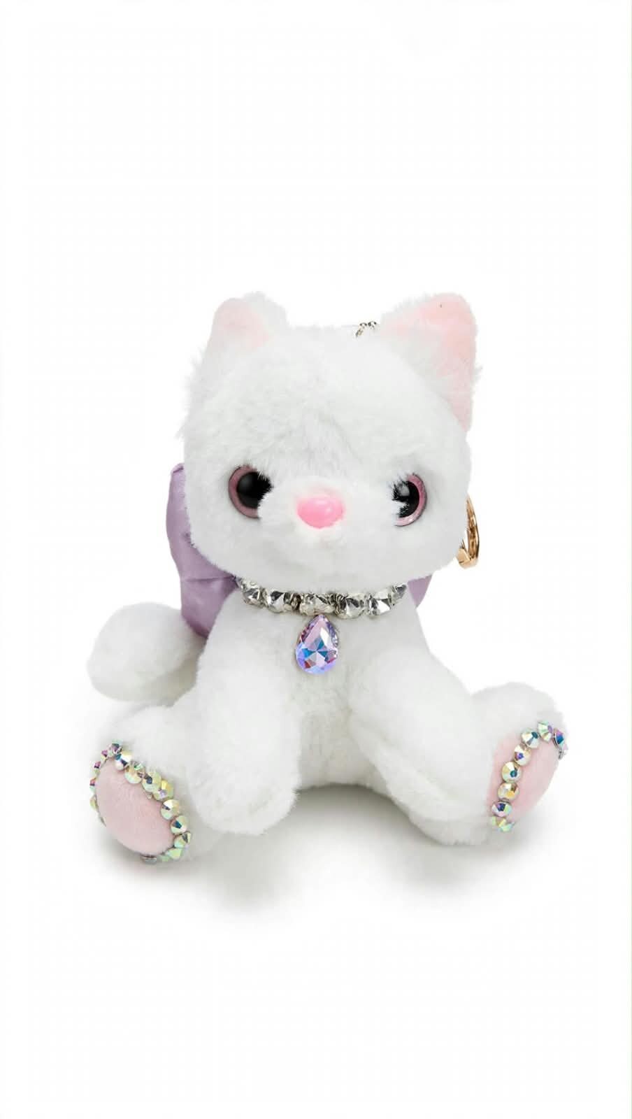 LLAVERO DE GATO DE PELUCHE CON BRILLOS EN CUELLO Y PATITAS, NEGRO Y BLANCO