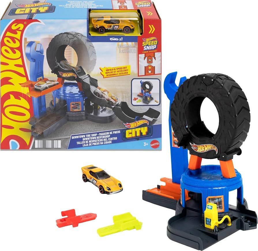 PISTA HOT WHEELS TIENDA DE NEUMÁTICOS ROTANTE MATTEL 3+