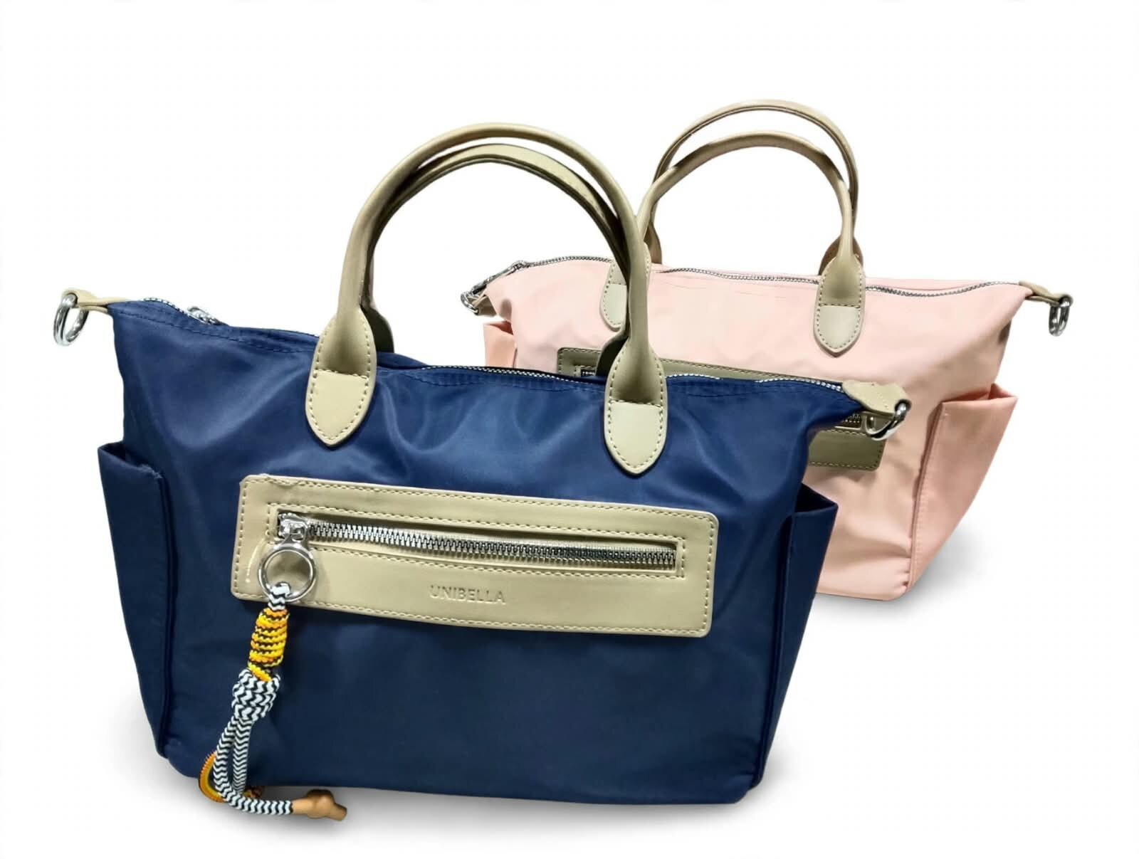 BOLSO TOTE DE NYLON CON CREMALLERA FRONTAL Y LLAVERO DECORATIVO TRENZADO, VARIOS COLORES UNIBELLA