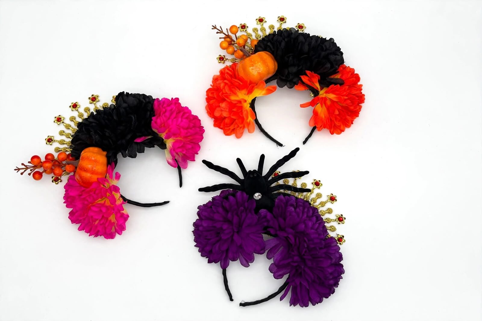Diadema De Catrina Artesanal Con Calabaza O Araña Y Tiara Dorada