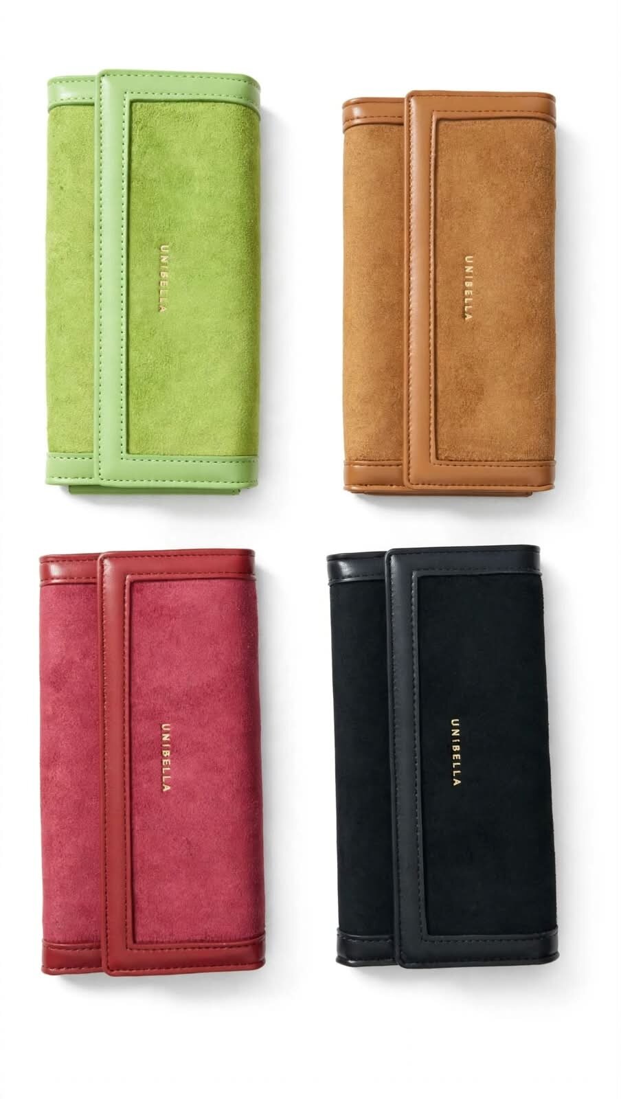 CARTERA RECTANGULAR TIPO GAMUZA CON ORILLA DE PIEL SINTÉTICA, VARIOS COLORES UNIBELLA