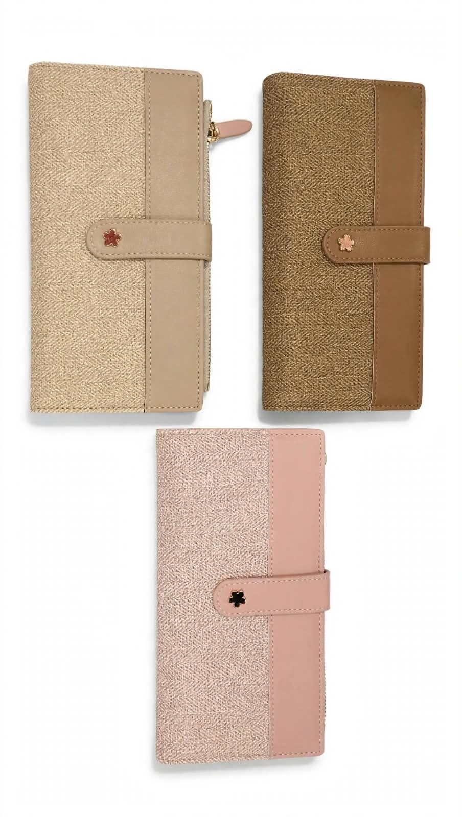 Cartera con Broche de Flor Dorada, Doble Textura Vinipiel, Diferentes Colores