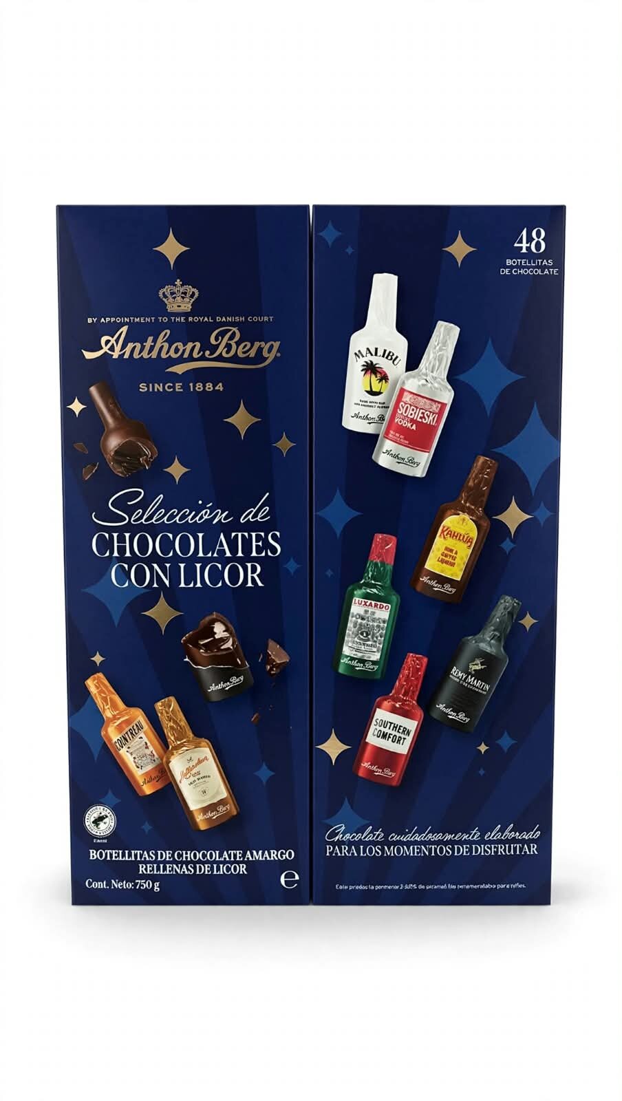 chocolate amargo relleno de licor premium, Anthon Berg, coñac, whisky, bourbon, vodka o ron