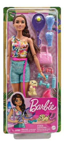Barbie Día de Tenis con Accesorios Guantes, Pesas, Patines, Raqueta y Perro Mattel 3+