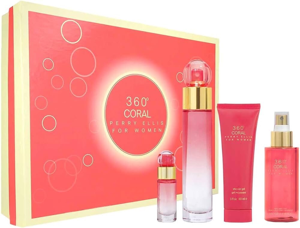 Perfume Perry Ellis 360 Coral, Set 4 Piezas, Eau De Parfum 100 Ml / 7.5 Ml, Gel 90 Ml, Mist 118 Ml